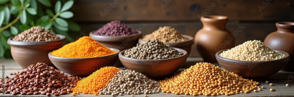 A vibrant display of various spices and lentils in rustic bowls, perfect for culinary, health, and wellness-themed projects. A vibrant display of various spices and lentils in rustic bowls, perfect for culinary, health, and wellness-themed projects.