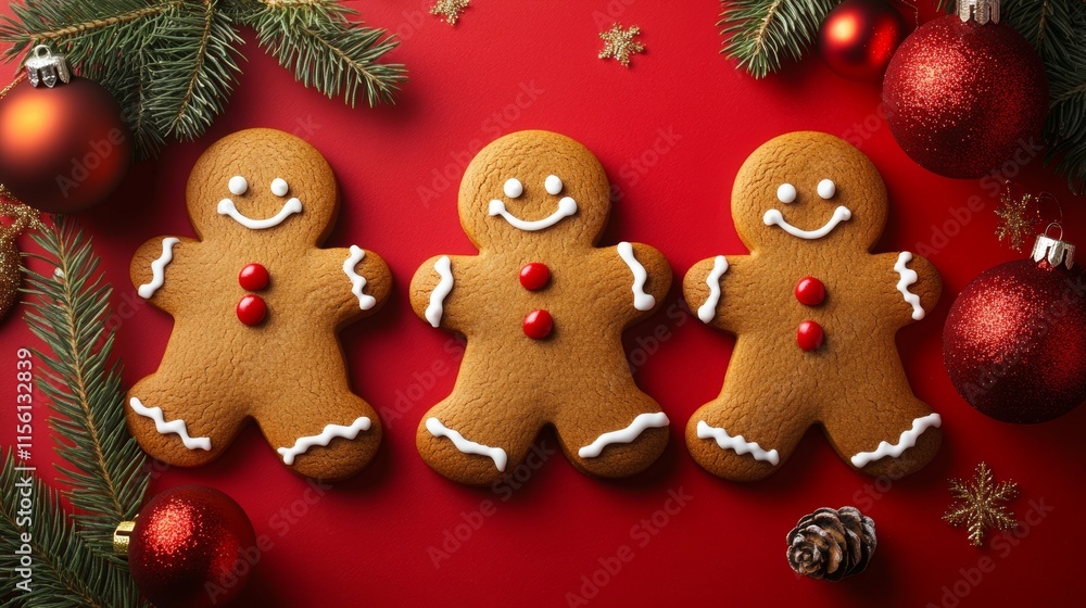 A festive red backdrop adorned with numerous gingerbread cookies and a tree. A festive red backdrop adorned with numerous gingerbread cookies and a tree.