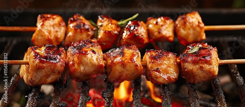 Grilled Chicken Skewers on Flaming BBQ Grill - Delicious Barbecue Recipe