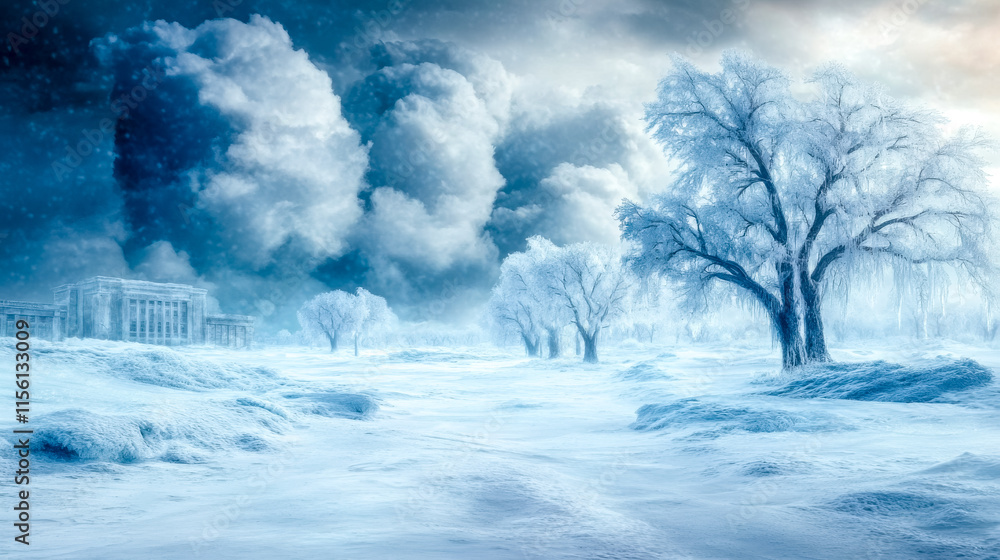 Ice storm covering trees and buildings in frozen winter landscape Ice storm covering trees and buildings in frozen winter landscape