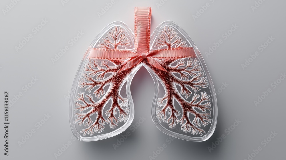 Hyper-realistic lung model with a crisp awareness ribbon wrapped around, resting on a clean white backdrop, emphasizing care and prevention Hyper-realistic lung model with a crisp awareness ribbon wrapped around, resting on a clean white backdrop, emphasizing care and prevention