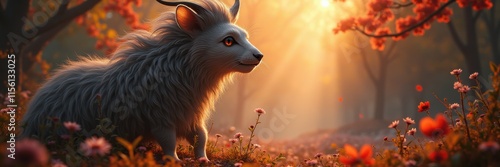 A whimsical, fluffy creature gazes serenely in a vibrant forest, illuminated by soft sunlight. Perfect for enchanting storytelling, fantasy themes, or nature-inspired designs. photo