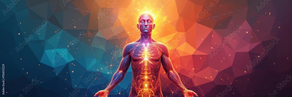 Fototapeta premium A vibrant depiction of a human figure radiating energy, symbolizing balance and enlightenment. Perfect for wellness, healthcare, and spiritual themes.