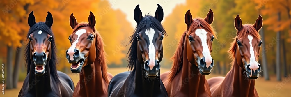 Obraz premium A stunning lineup of five horses in a vibrant autumn forest, showcasing their beauty and connection with nature. Perfect for equine, lifestyle, or nature-themed projects.