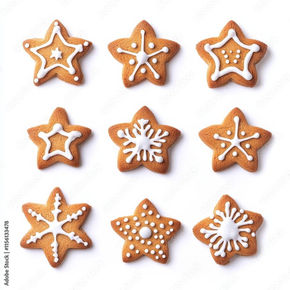 White and yellow star-shaped cookies topped with white icing. White and yellow star-shaped cookies topped with white icing.