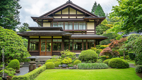 A beautifully restored Victorian mansion featuring large bay windows, intricate woodwork, and a manicured garden, exuding charm and elegance in every detail. photo