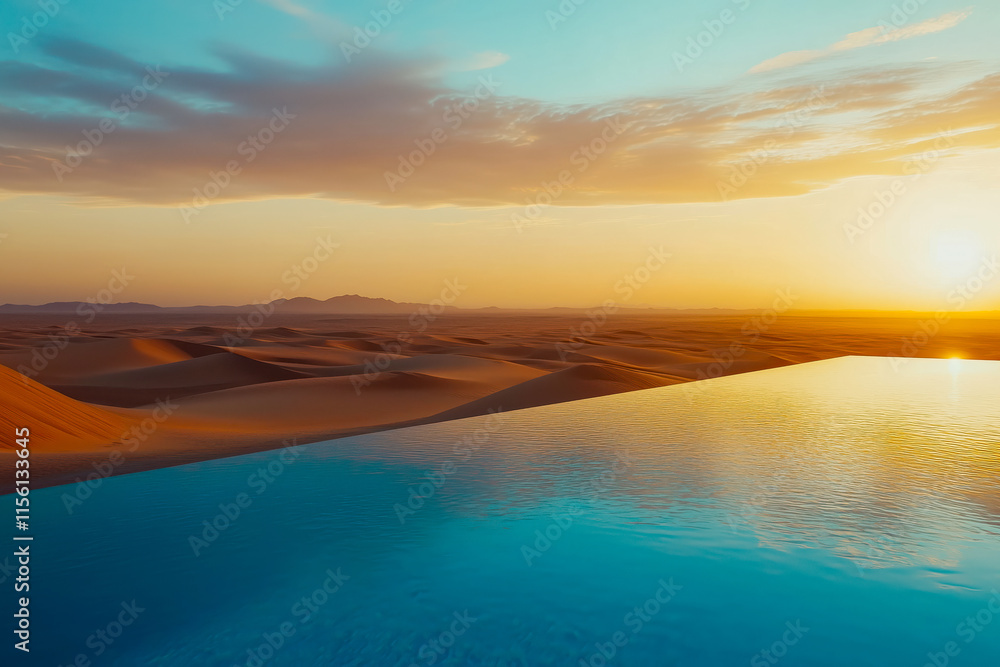 Outdoor infinity pool with views of sandy dunes in a desert Outdoor infinity pool with views of sandy dunes in a desert