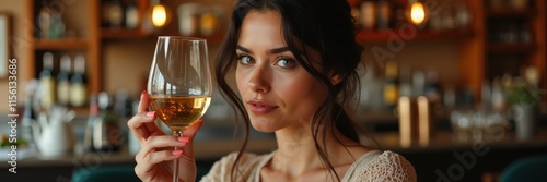 A captivating woman enjoying a glass of wine in a cozy bar setting, perfect for illustrating moments of relaxation and social interaction.