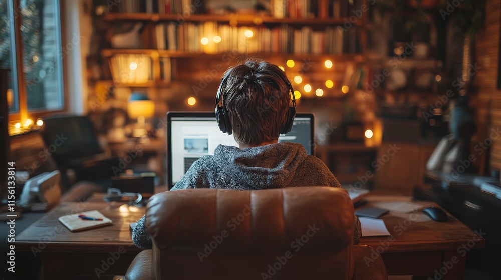 Young person focused on computer screen in cozy home office with warm lighting, bookshelves, and creative workspace, enjoying modern technology and learning experience. Young person focused on computer screen in cozy home office with warm lighting, bookshelves, and creative workspace, enjoying modern technology and learning experience.