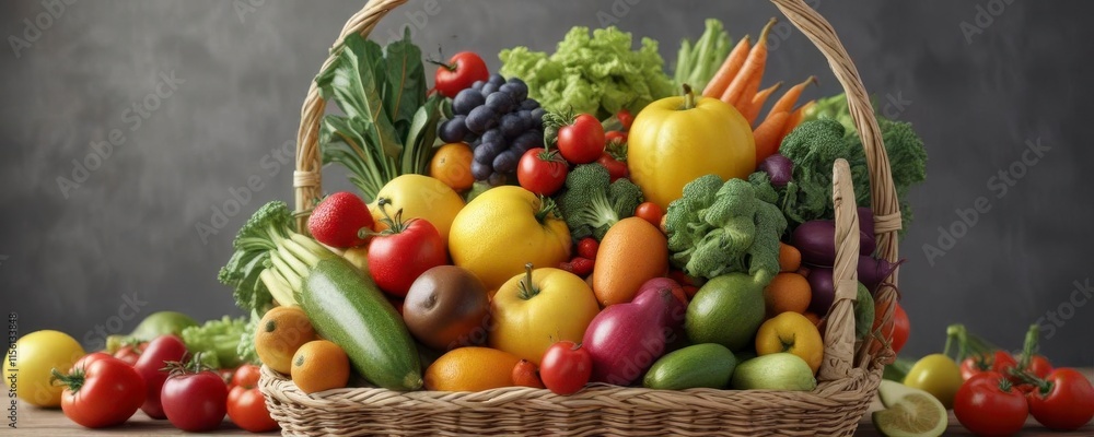 Fresh colorful mixed fruit and vegetables arranged in a basket, graphics, icons Fresh colorful mixed fruit and vegetables arranged in a basket, graphics, icons