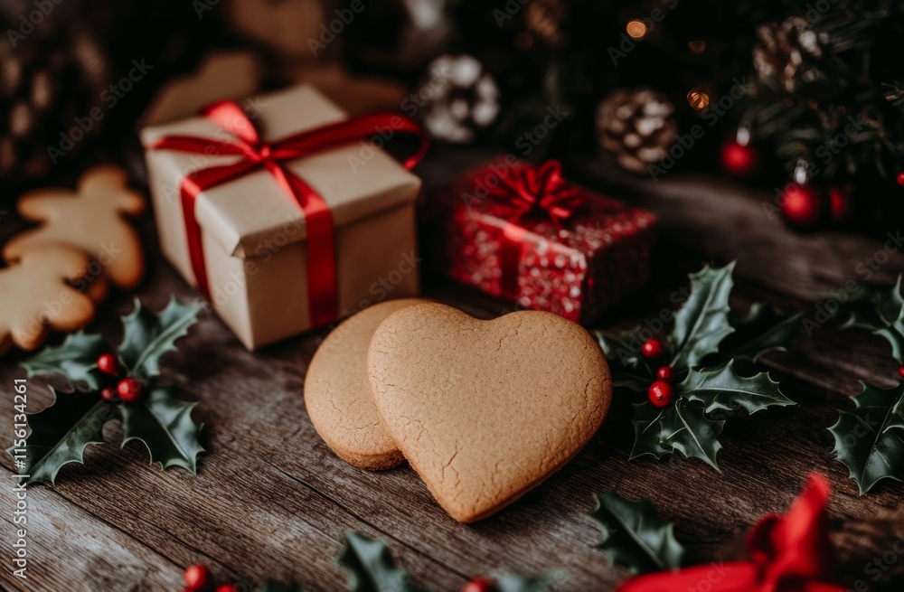 A wooden background features a Christmas gift box along with gingerbread cookies