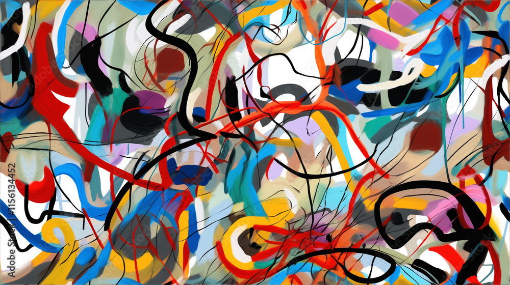 Fototapeta premium Vibrant chaotic abstract painting with colorful swirls and lines concept for artistic expression