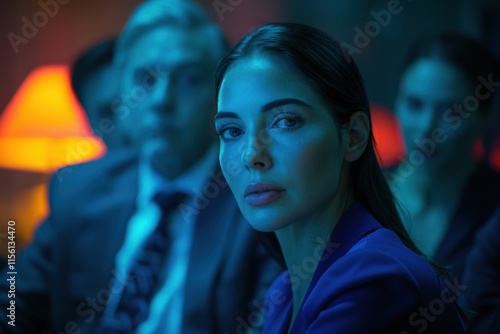 A professional woman in a business suit attentively listens to a discussion in a dimly lit room with a warm lamp glow in the background. photo