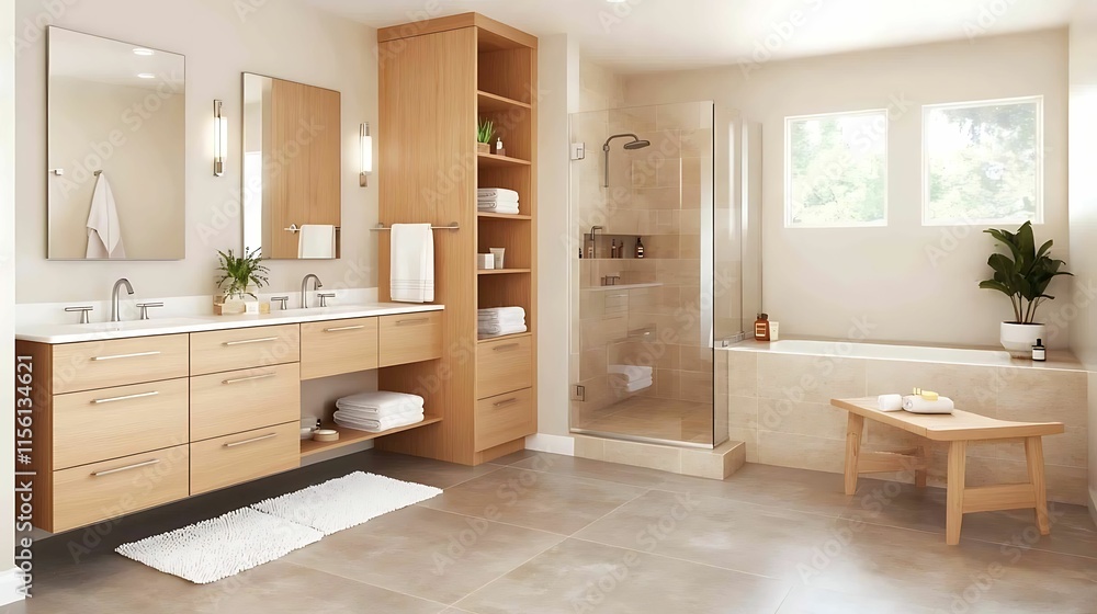 Fototapeta premium Bathroom cabinet storage. A modern, spacious bathroom featuring wooden cabinetry, a walk-in shower, a bathtub, and natural light from multiple windows.