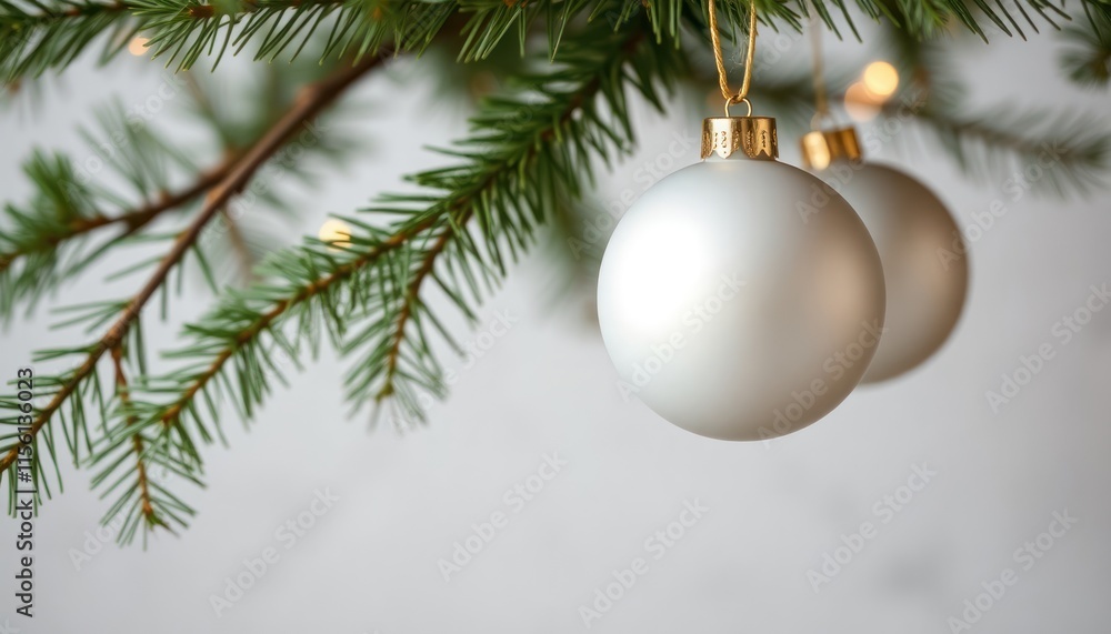 Christmas tree branch with two white baubles. Elegant holiday decoration. Pine tree branch. Soft focus on baubles. Silent winter season. Gold colored bauble hangers. Celebration atmosphere. Christmas tree branch with two white baubles. Elegant holiday decoration. Pine tree branch. Soft focus on baubles. Silent winter season. Gold colored bauble hangers. Celebration atmosphere.