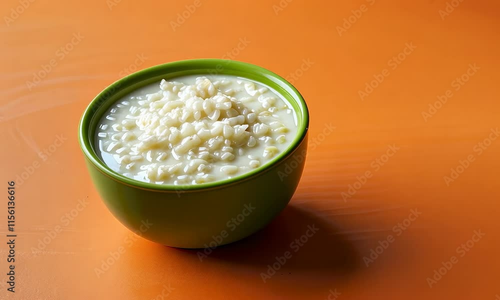 Bowl of creamy rice pudding on orange background Bowl of creamy rice pudding on orange background