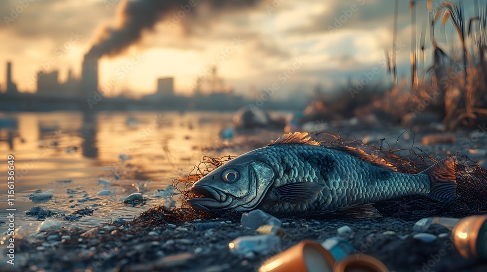 Fototapeta premium Fish lying on a polluted beach.