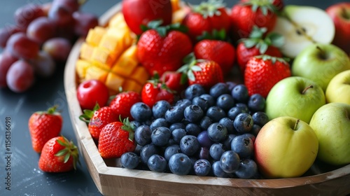 Colorful assortment of fresh fruits on wooden platter featuring strawberries and blueberries