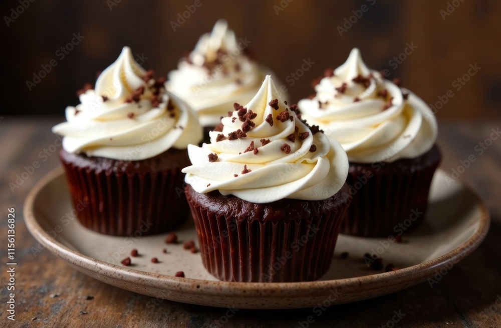 delicious chocolate cupcakes topped with creamy vanilla frosting and chocolate sprinkles on rustic plate. culinary art, dessert menu poster design delicious chocolate cupcakes topped with creamy vanilla frosting and chocolate sprinkles on rustic plate. culinary art, dessert menu poster design
