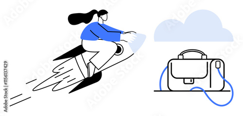 Woman riding a rocket hoverboard with briefcase below a cloud. Ideal for career advancement, business innovation, speed, success, technology, motivation, and futuristic themes. Line metaphor
