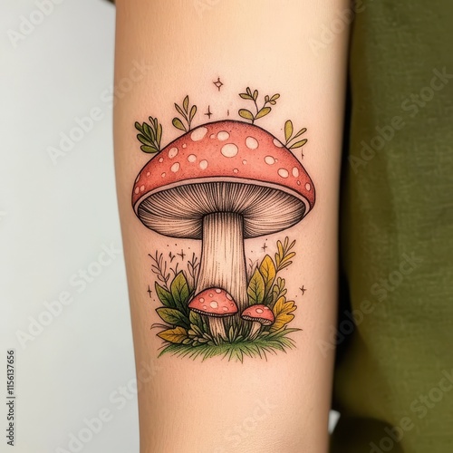 Colorful mushroom tattoo with plants, showcasing nature-inspired body art.