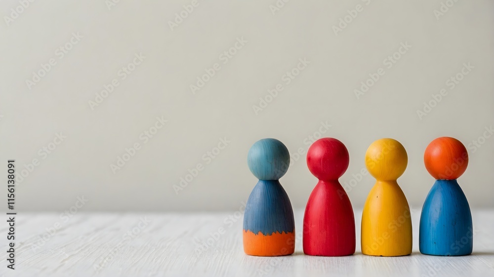 Vibrantly colored wooden figurines representing human diversity and teamwork, placed on a neutral white surface. Perfect for social or conceptual projects