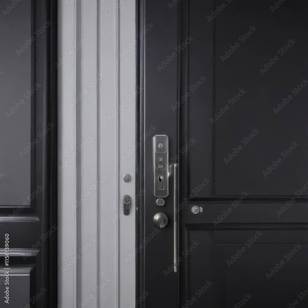 Obraz premium Agent standing next to a sleek black door with a shiny silver doorknob , architecture, office
