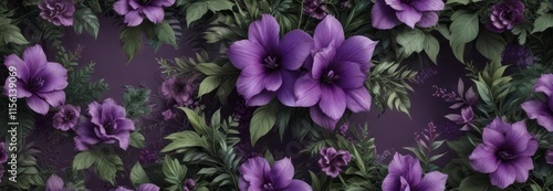 A large scale seamless purple floral wallpaper with abstract shapes and lush greenery,  floral, seamless
