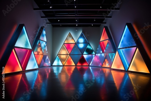 Vibrant lights and geometric patterns unite in a striking abstract art installation experience photo