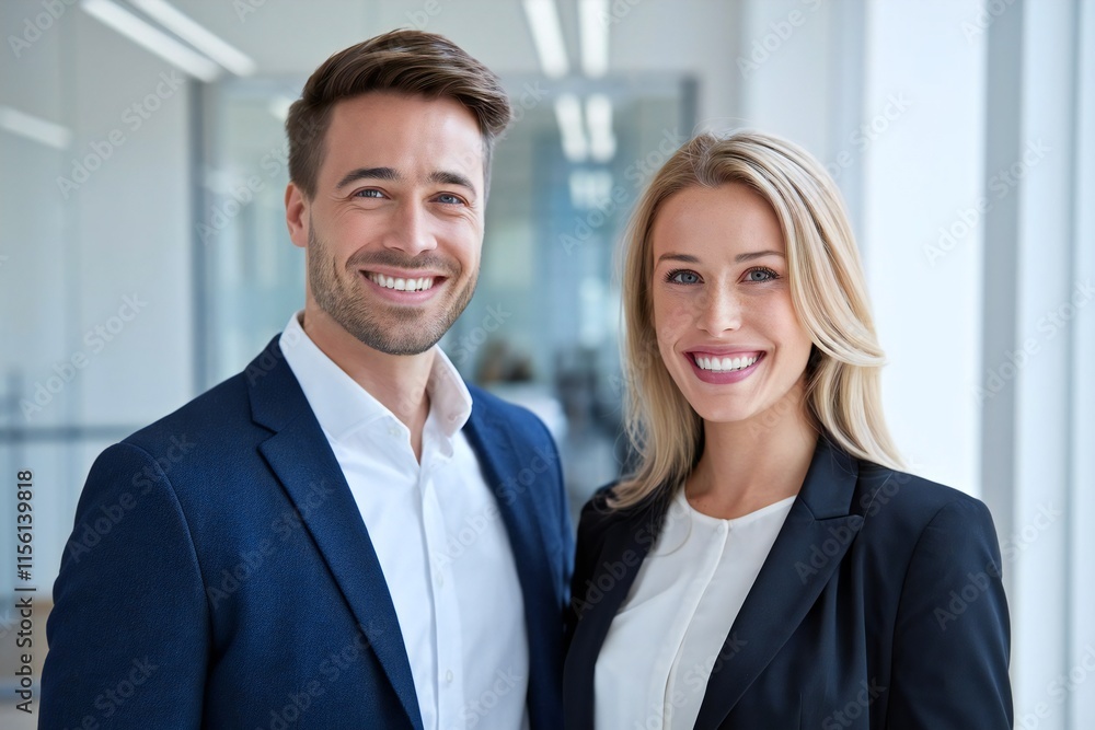 Smiling business partners in modern office environment. Portrait of two young professionals workers colleagues standing together Smiling business partners in modern office environment. Portrait of two young professionals workers colleagues standing together