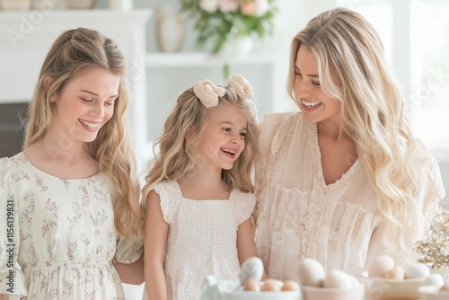 A Joyful Easter Celebration A Loving Family Embracing TimeHonored Traditions While Sharing Happiness and Harmony Together, Baking Delicious Treats That Symbolize Springtime and Motherhood photo