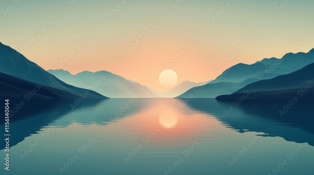 Serene sunset reflecting on a lake surrounded by mountains Serene sunset reflecting on a lake surrounded by mountains