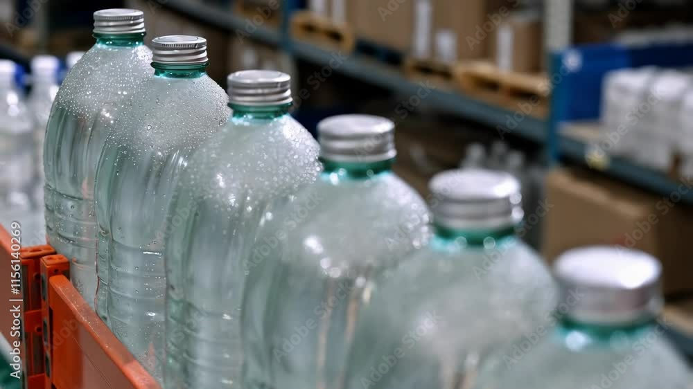 Automated assembly line with bottled water in a warehouse setting Automated assembly line with bottled water in a warehouse setting