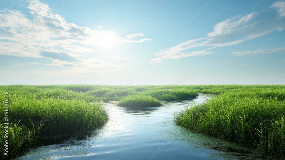 Lush Marshland at Dawn with Natural Background Lush Marshland at Dawn with Natural Background
