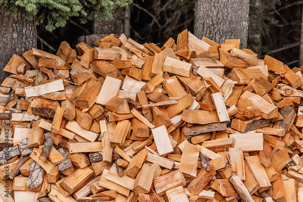 Firewood logs stacked and drying near trees in forest, providing sustainable energy source Firewood logs stacked and drying near trees in forest, providing sustainable energy source