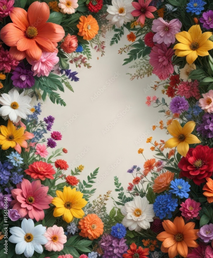 Fototapeta premium Colorful floral patterns swirling around a serene garden background, colorful, flowers