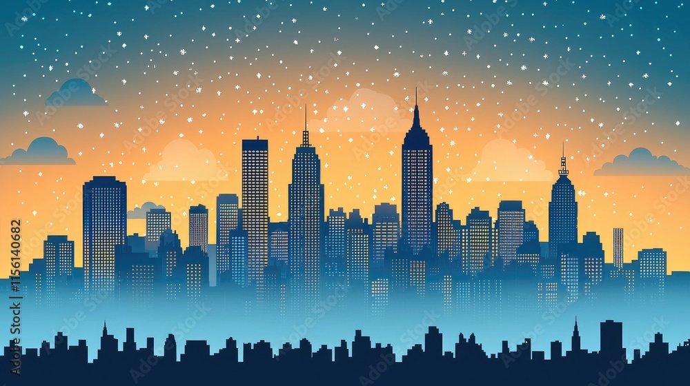 Obraz premium A stylized city skyline at dusk with stars and clouds.