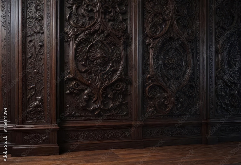 Dark wood paneling with intricate carvings and a hint of misty atmosphere, wooden paneling, misty Dark wood paneling with intricate carvings and a hint of misty atmosphere, wooden paneling, misty