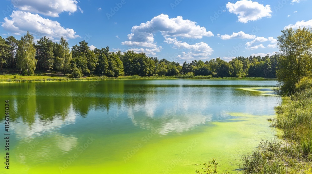 Fototapeta premium Serene Coastal Lake with Lush Green Surroundings