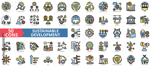 Sustainable development icon collection set. Containing organizing principle, meeting, human, services, natural system, state, living condition icon. Simple flat outline vector illustration