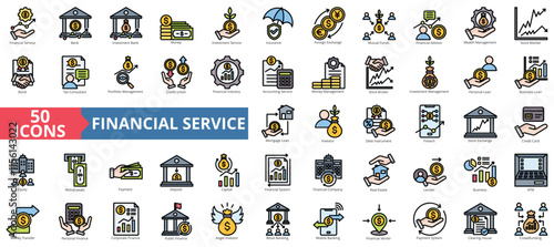 Financial service icon collection set. Containing bank, advisor, money, wealth management, insurance, foreign exchange, mutual funds icon. Simple flat outline vector illustration