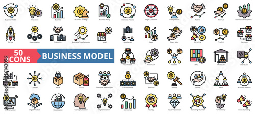Business model icon collection set. Containing innovation, target customer, strategy, policy, process icon. Simple flat outline vector illustration
