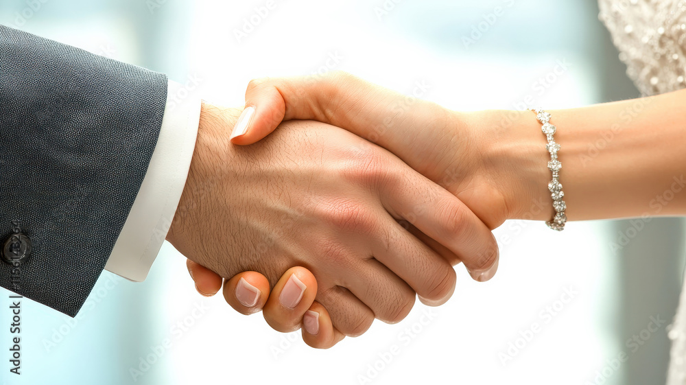 Obraz premium A businessman and businesswoman shaking hands after successfully signing a contract, symbolizing agreement and partnership in a professional setting. 