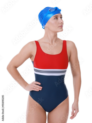 Professional sportswoman wearing swimsuit, swimming cap and goggles on white background photo