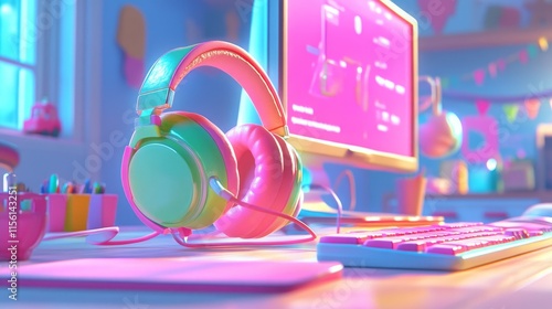 Pink and green headphones on a pastel desk with a computer and keyboard.