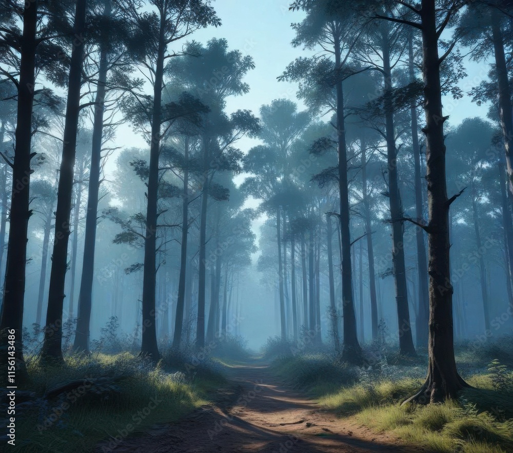 Fototapeta premium Forest landscape with blue silhouettes of trees, trees, wild animals