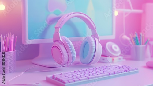 Pink gaming headphones on pastel desk with computer, keyboard, and pencils.