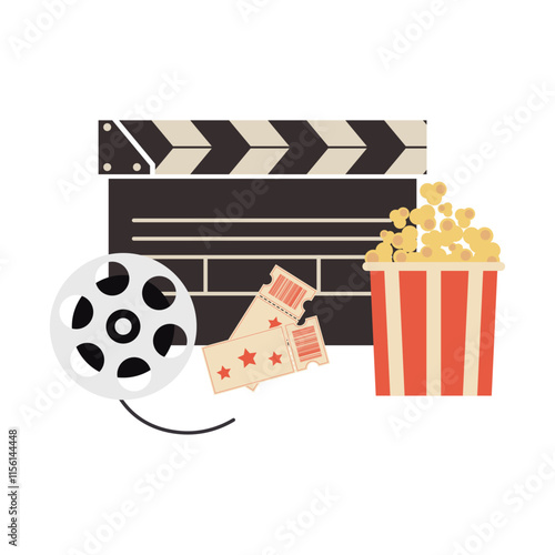 Cinema hand drawn vector illustration. Popcorn, tickets, clapperboard and film strip. Movie theatre composition in vintage colours