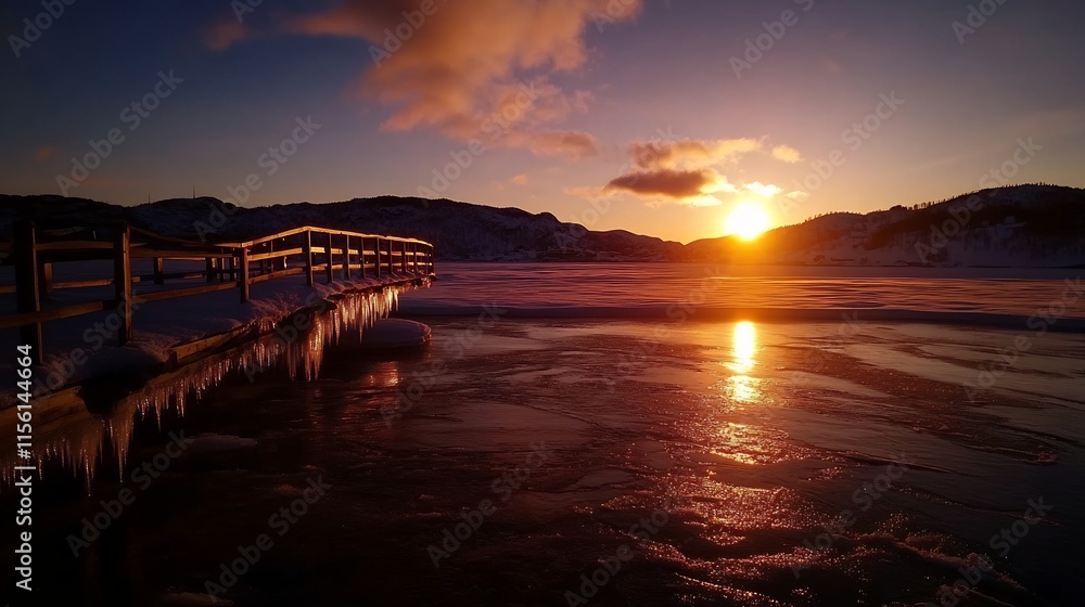 Sunset Serenity: A Frozen Lake's Golden Embrace Sunset Serenity: A Frozen Lake's Golden Embrace