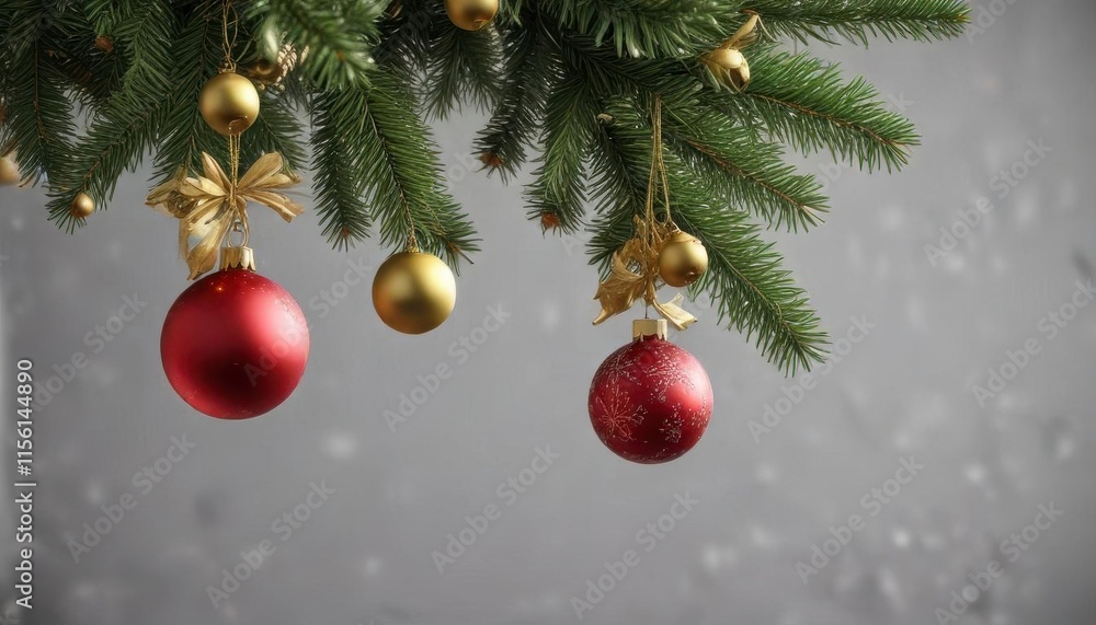 Baubles hanging from a Christmas tree branch with snowflakes and bells, festive, holiday decorations Baubles hanging from a Christmas tree branch with snowflakes and bells, festive, holiday decorations